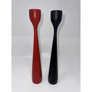 Vtg Mid Century Black & Red Teak Wood Candleholders Illums Bolighus Denmark 12”
